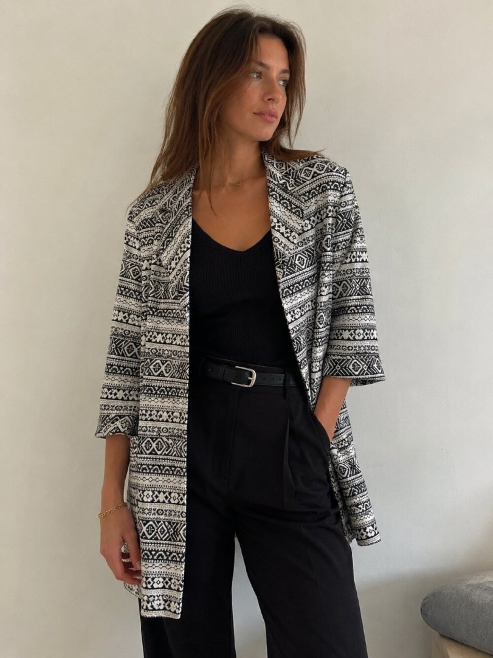 Vintage Nine West Silk Tribal Long Blazer Jacket Womens 1X Boho Aztec